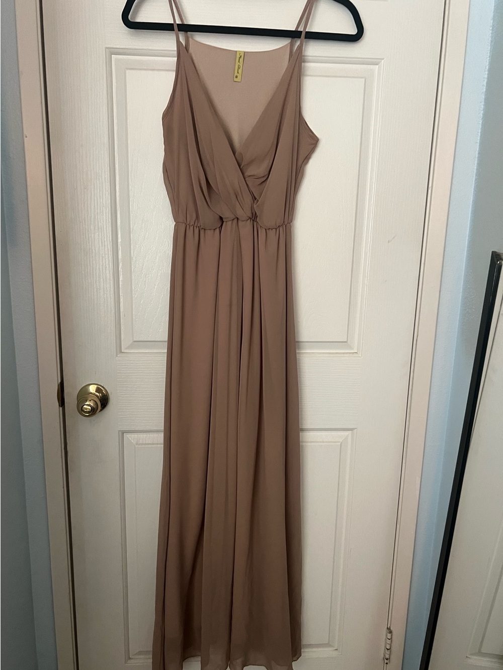 Final Touch Taupe Spaghetti-Strap Wrap Maxi Dress